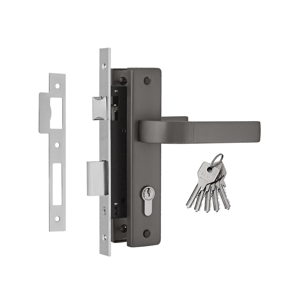 Замок врезной Нора-М N107-70Л графит 16705, с ручкой, с цилиндровым механизмом