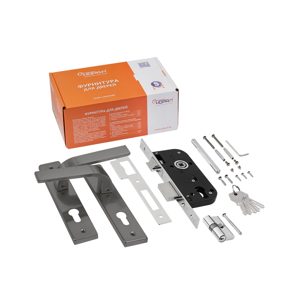Замок врезной Нора-М N107-70Л графит 16705, с ручкой, с цилиндровым механизмом