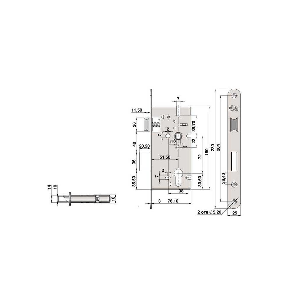 Замок врезной Crit ЗВ-72/55, м/о 72 мм, цилиндровый механизм, универсальная установка, сталь