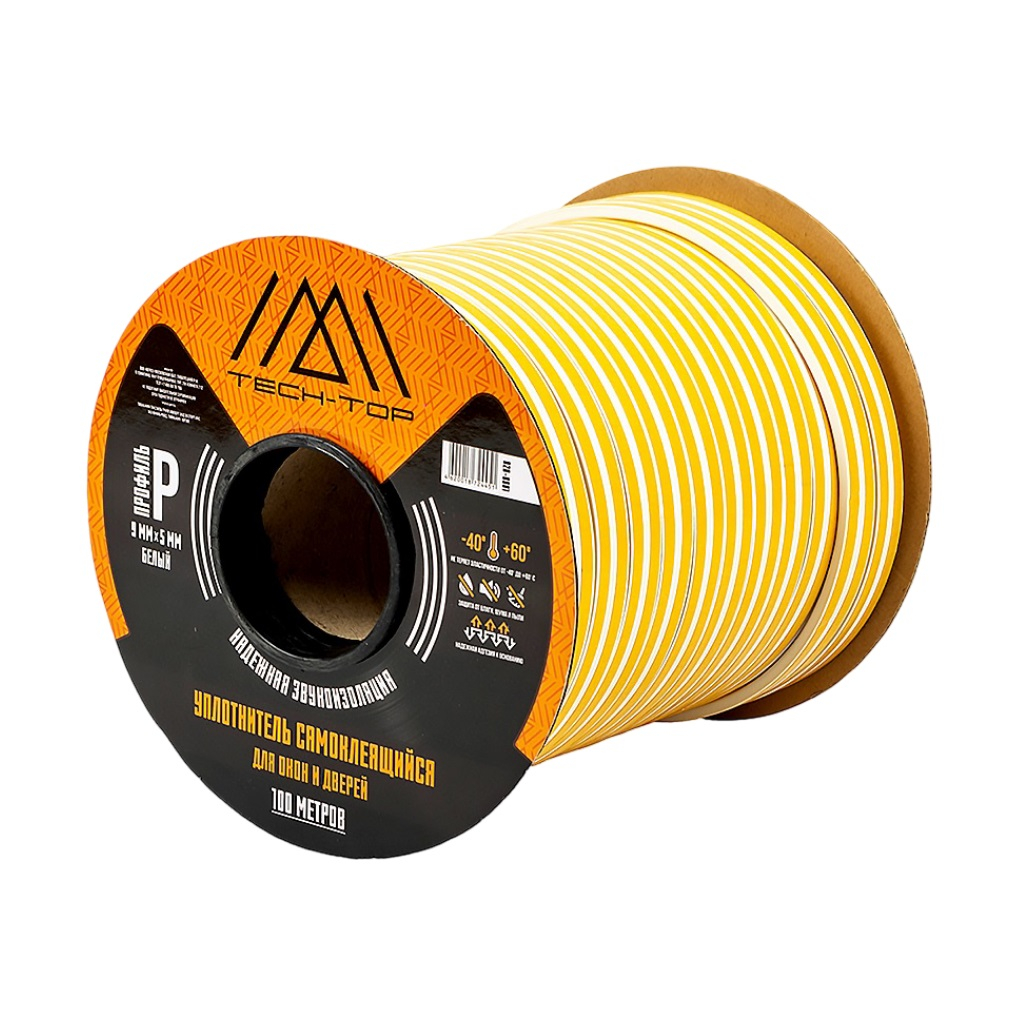 Уплотнитель TECH-TOP 028-0001, промышленный, самоклеящийся, P-профиль, белый, 9х5 мм, на отрез от 1 м