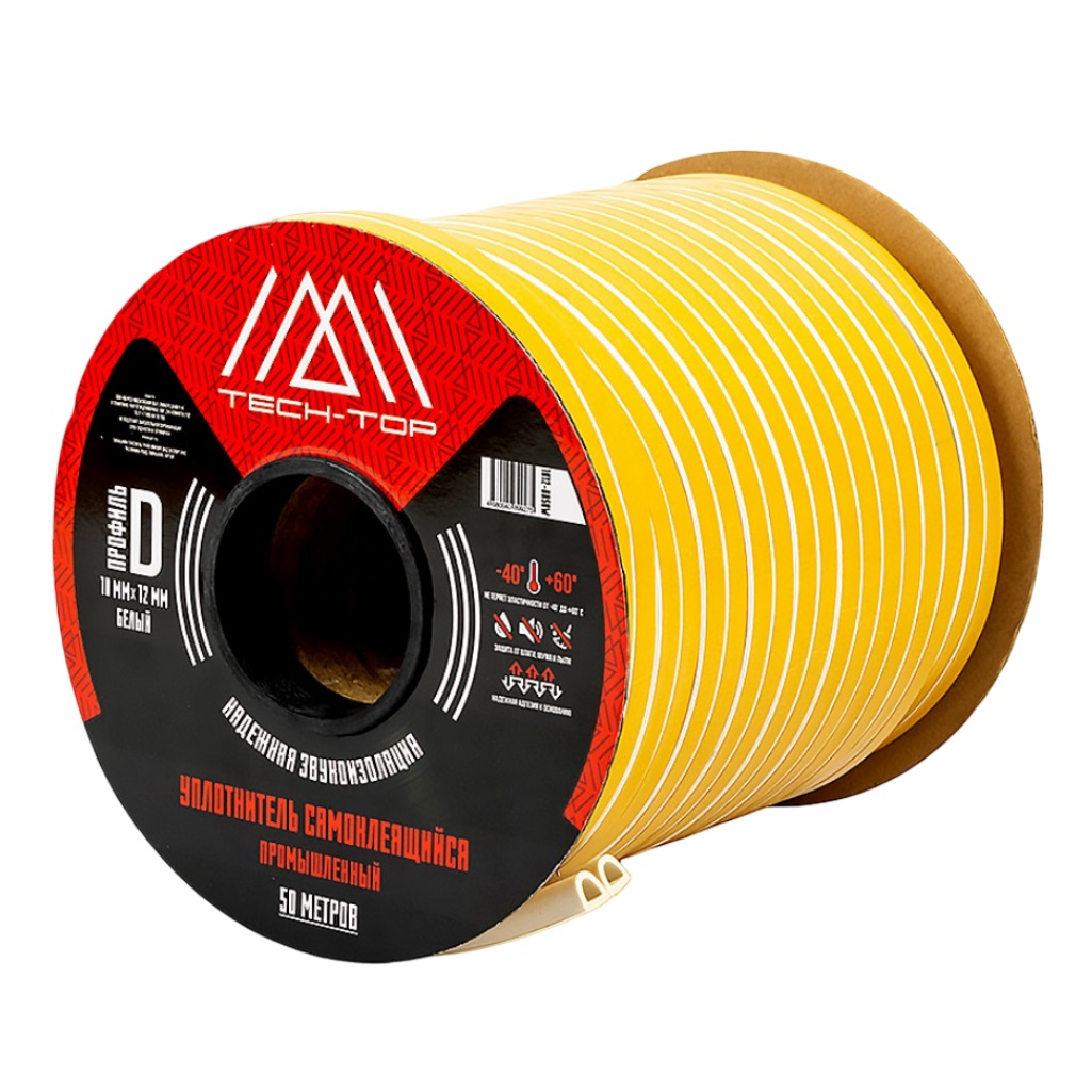 Уплотнитель TECH-TOP промышленный, самоклеящийся, D-профиль, 10х12 мм, белый