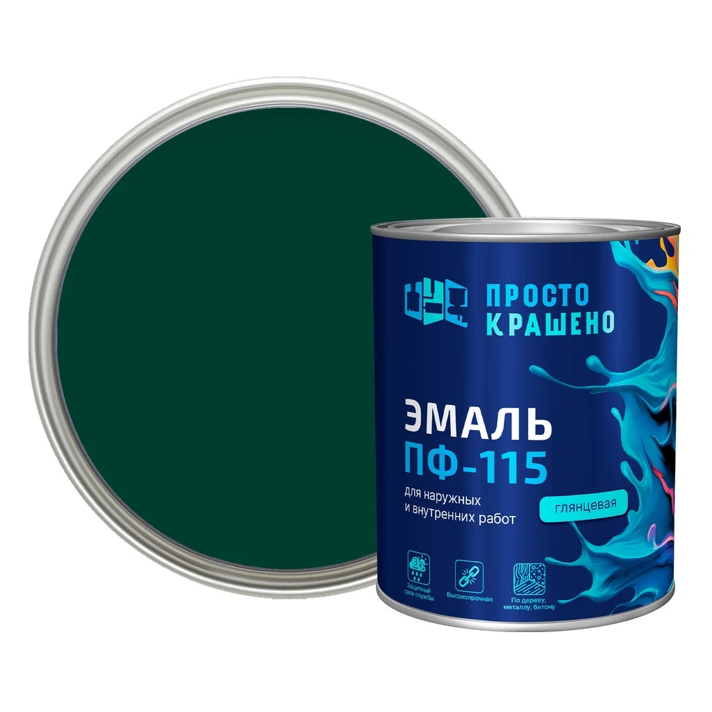Эмаль алкидная Простокрашено ПФ-115 81293, универсальная, глянцевая, темно-зеленая, 0.8 кг