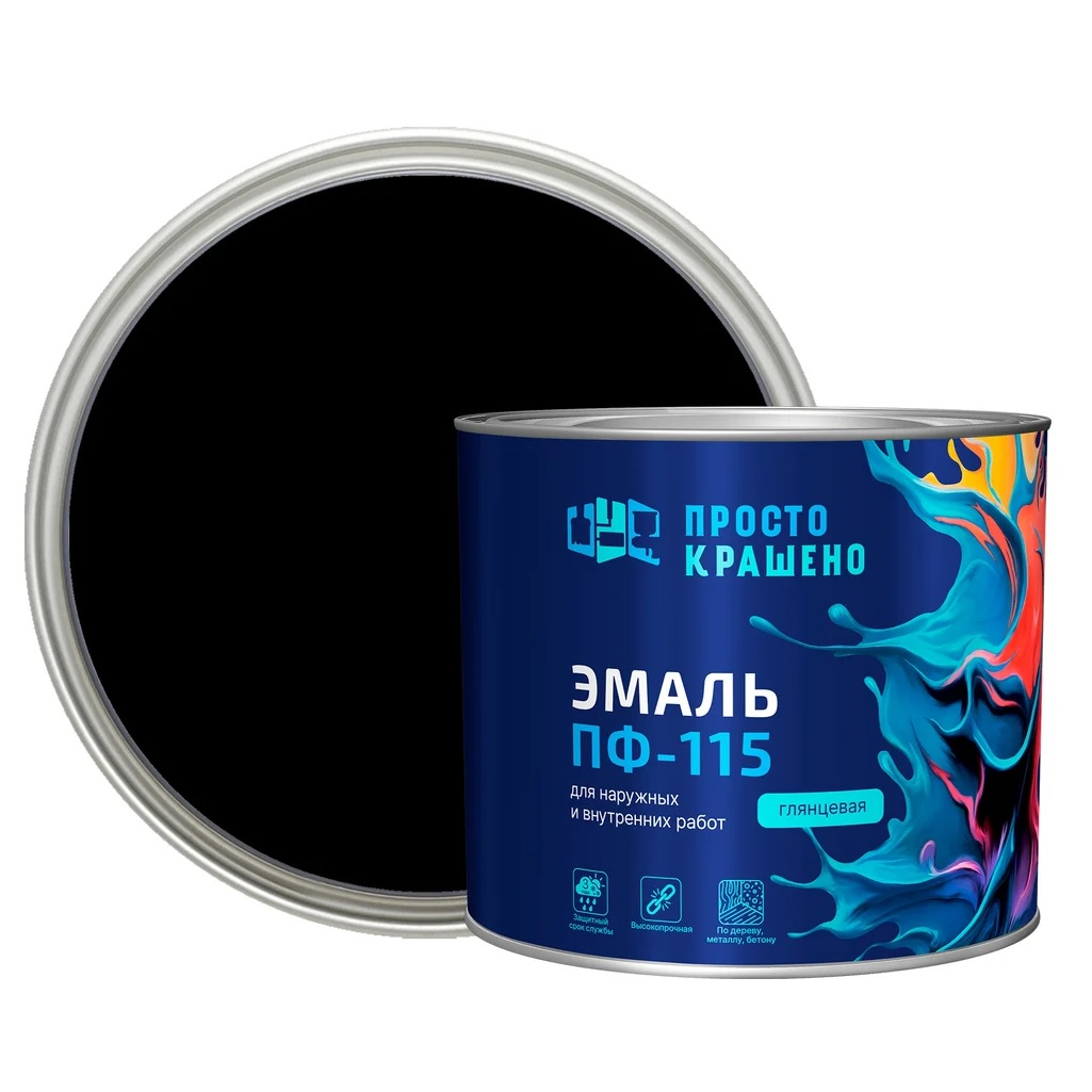 Эмаль алкидная Простокрашено ПФ-115 85179, универсальная, глянцевая, черная, 1.8 кг