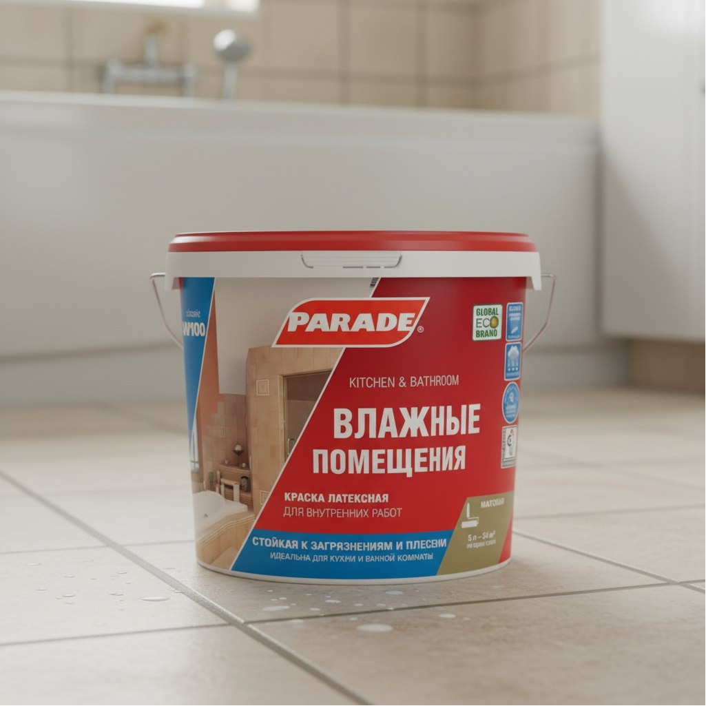 Краска латексная Parade Влажные помещения W100, для внутренних работ, База А, белая, 5 л