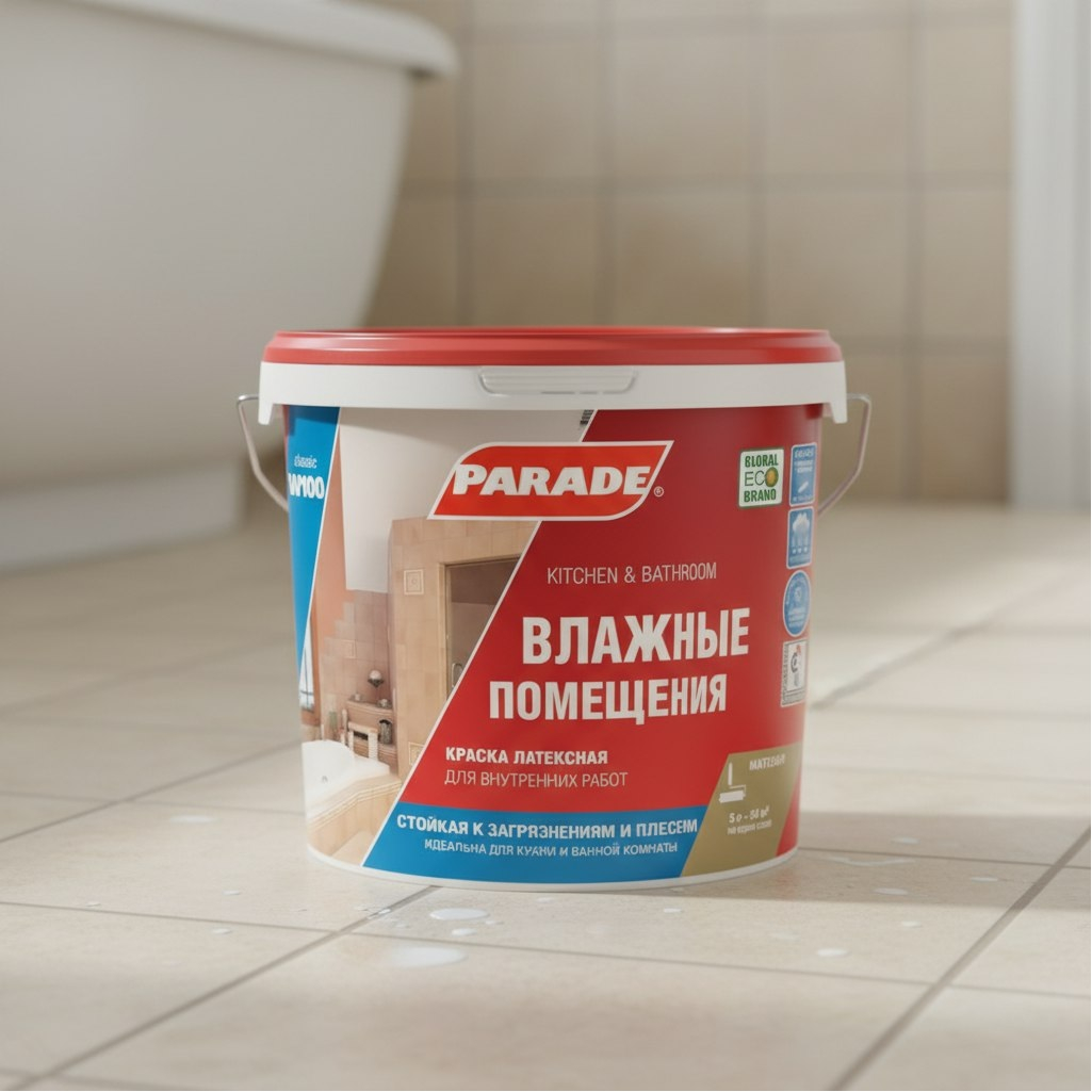 Краска латексная Parade Влажные помещения W100, для внутренних работ, База А, белая, 5 л