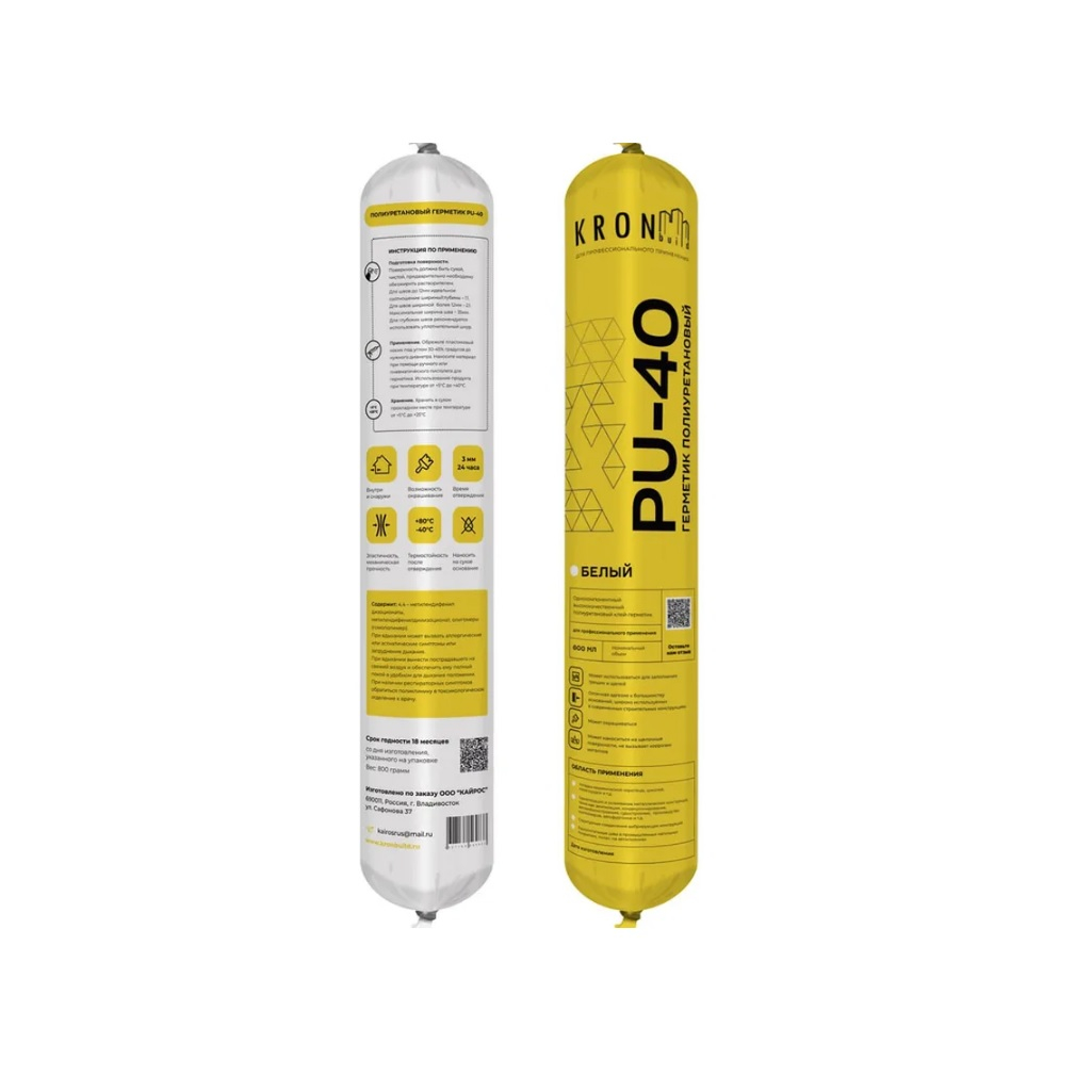 Клей-герметик KRONbuild PU-40, PSW78, полиуретановый, однокомпонентный, 600 мл, белый