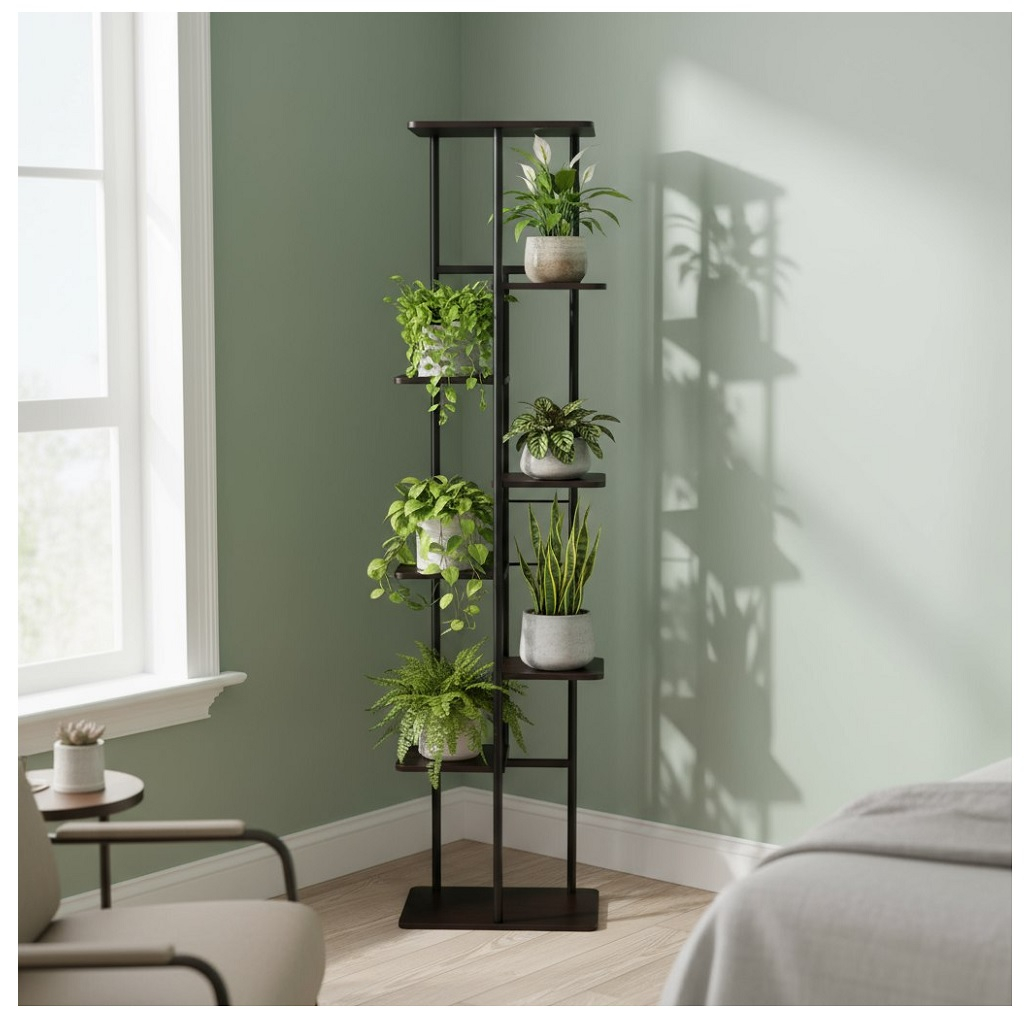 Подставка для цветов Greengo 10747749, 8 полок, напольная, металл, МДФ, чёрная, 23х36х136 см