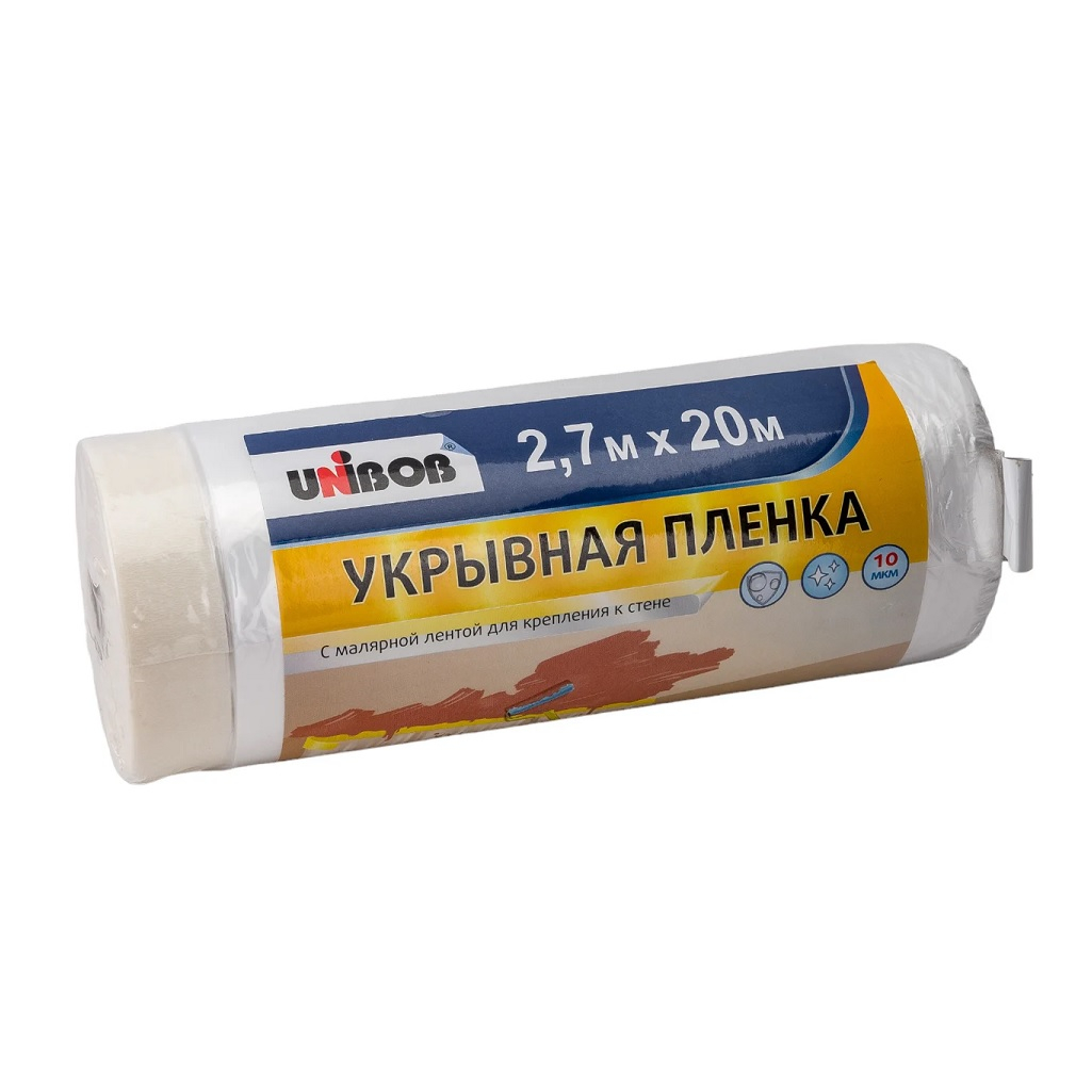 Пленка укрывная Unibob 211783, с малярной лентой, для крепления к стене, полиэтилен, рулон 2.7х20 м