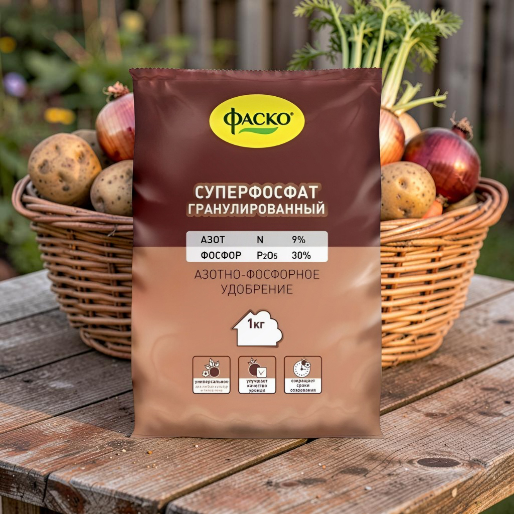 Удобрение Суперфосфат гранулированный 1 кг Фаско, минеральное, универсальное