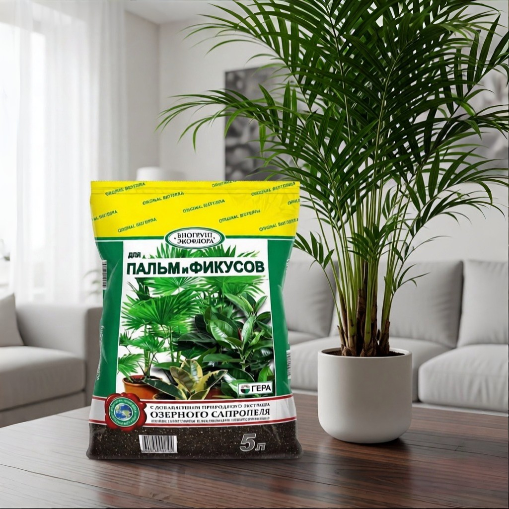 Грунт для пальм и фикусов Гера Биогрунт Экофлора с добавлением экстракта озерного сапропеля, 5 л