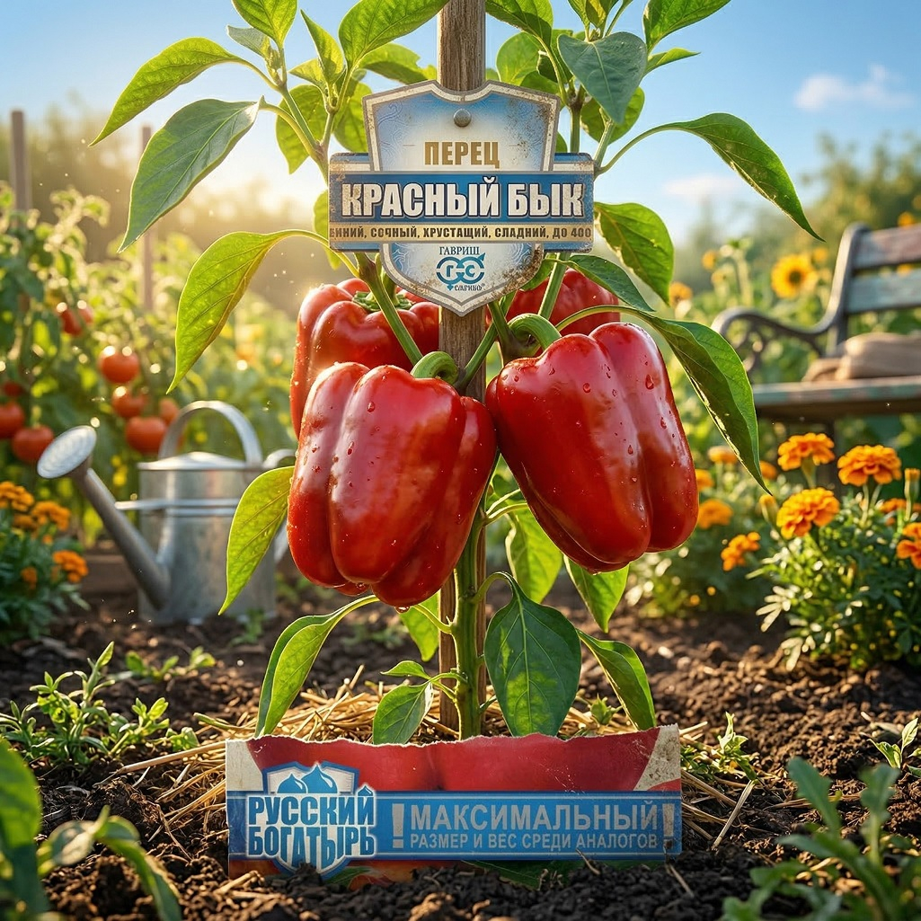 Перец Гавриш Красный Бык, Русский богатырь, ранний, сочный, хрустящий, сладкий, до 400 г