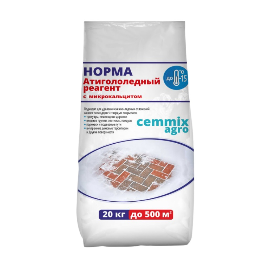 Реагент антигололедный с микрокальцитом Cemmix Agro Норма pgrn20, 20 кг, до 500 кв.м