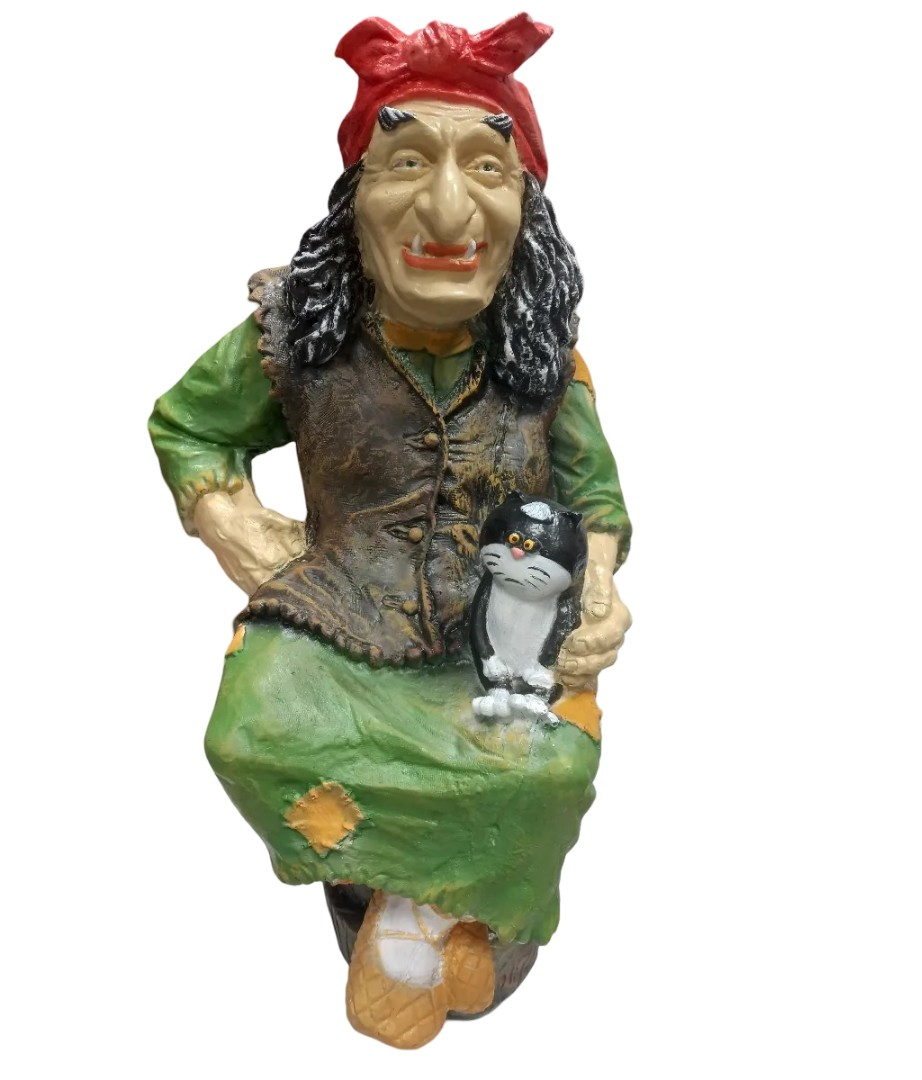 Фигура садовая Баба Яга на ступе с Кошкой, 360х400х740 мм, полистоун