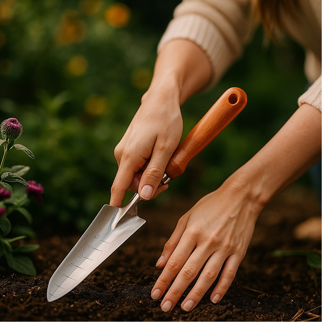 Совок садовый Grinda 8-421113, узкий, нержавеющая сталь, деревянная ручка, длина 290 мм