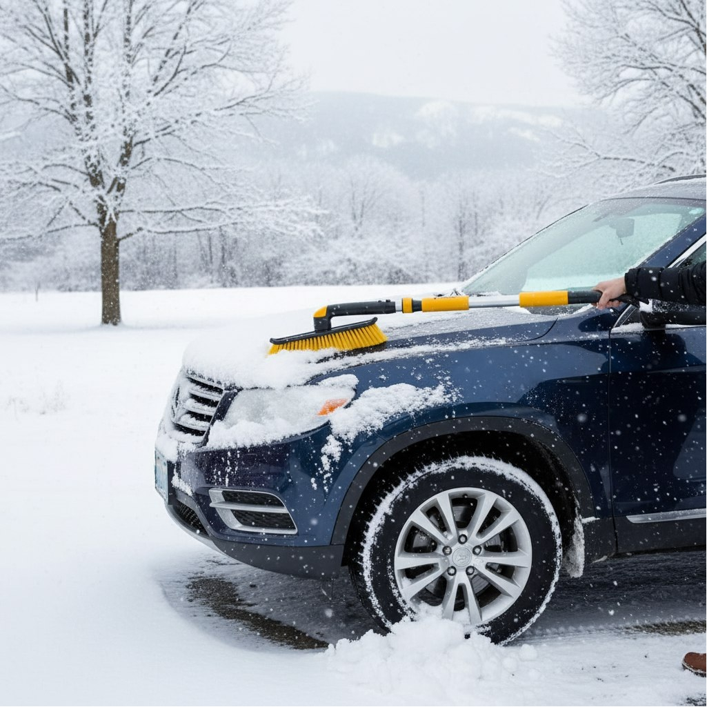 Щетка-сметка для снега Denzel 55326 со скребком, телескопическая, автомобильная, пластик, 750-1120 мм