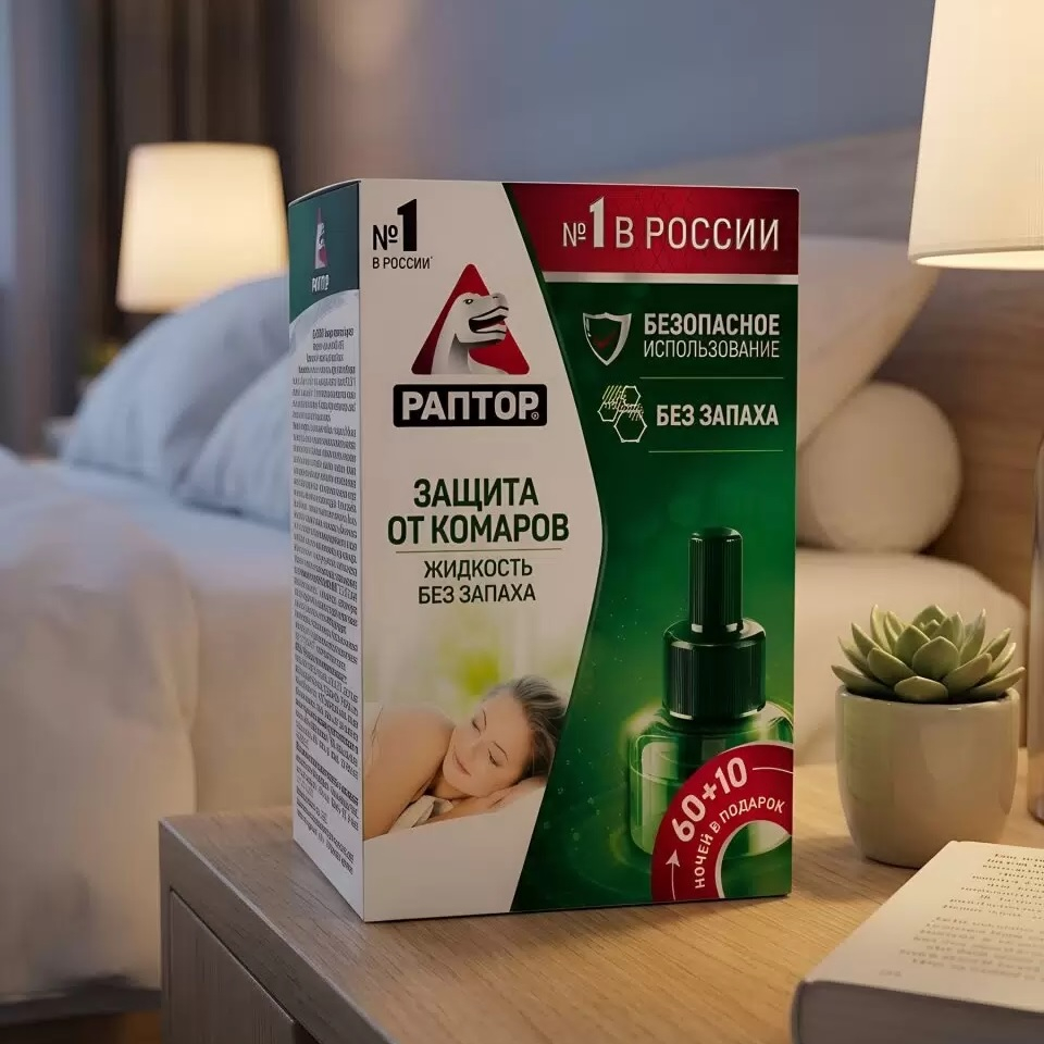 Жидкость от комаров Раптор Ликвид, 60+10 ночей, без запаха, объем 45 мл