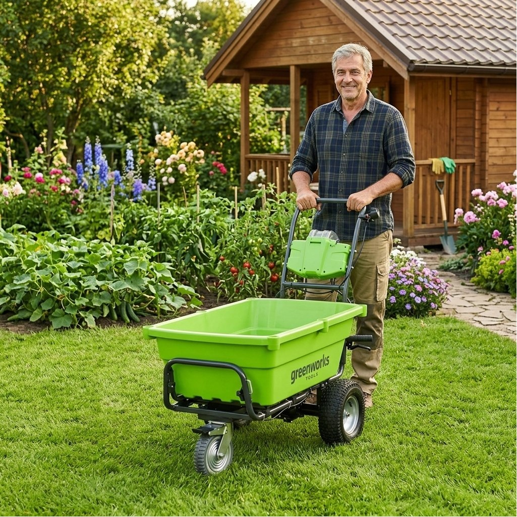 Тележка садовая самоходная Grennworks G40GC, 7400007, пластик, 3 колеса, объем 106 л, до 100 кг