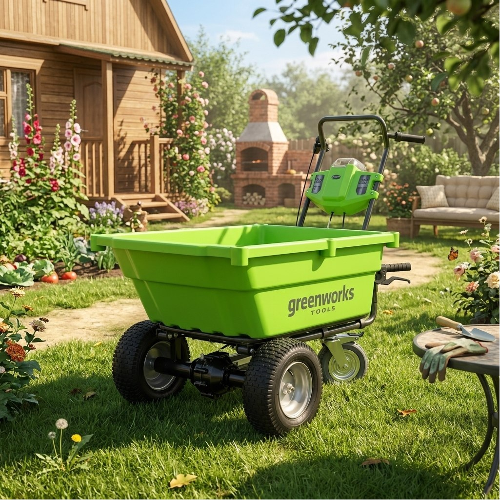 Тележка садовая самоходная Grennworks G40GC, 7400007, пластик, 3 колеса, объем 106 л, до 100 кг