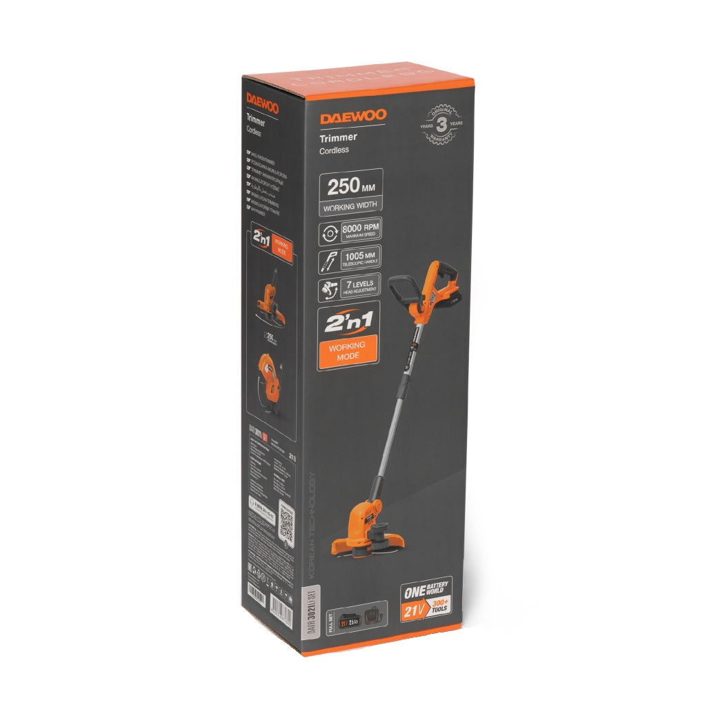 Триммер аккумуляторный Daewoo DATR 3021Li SET, 21В, 1 акк. х 2.5 Ah+з.у