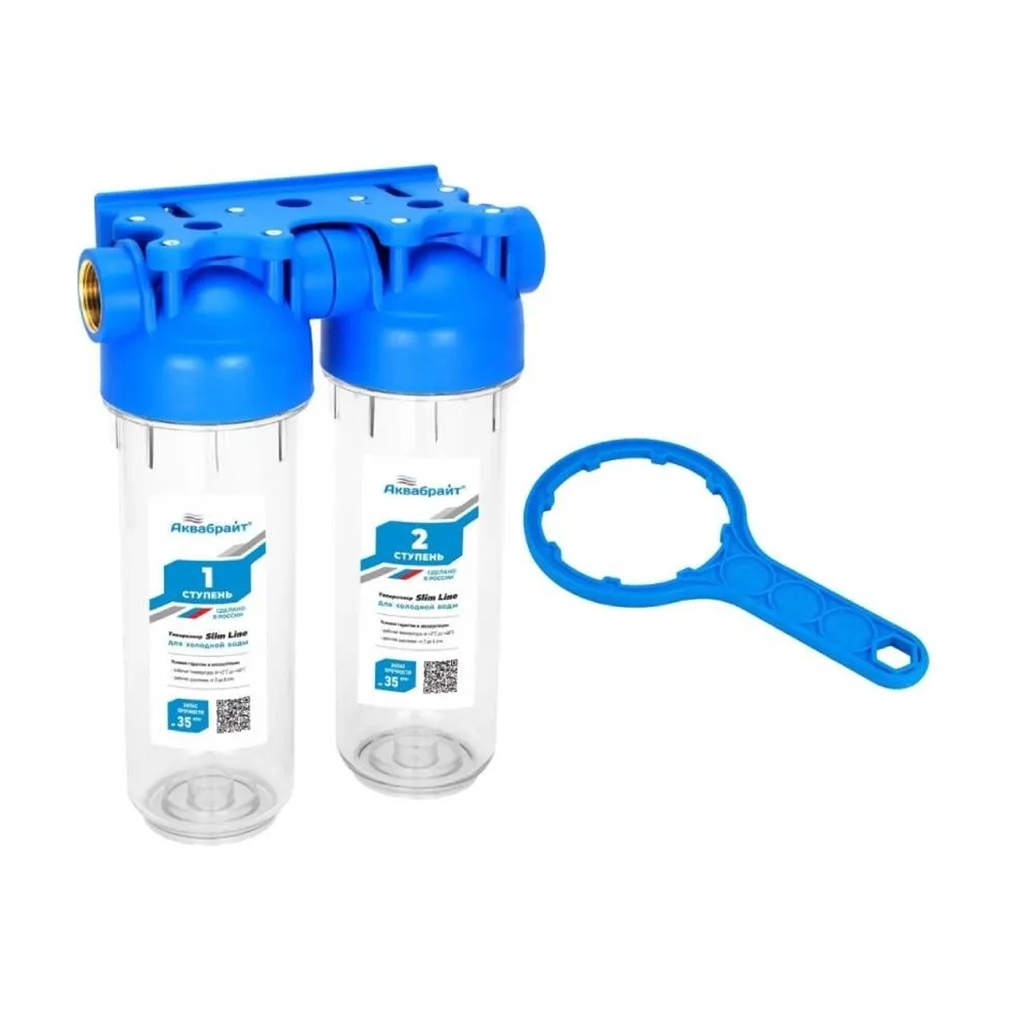 Фильтр двухступенчатый магистральный для воды Аквабрайт стандарт Slim Line АБФ-2, 1 дюйм, прозрачный корпус 