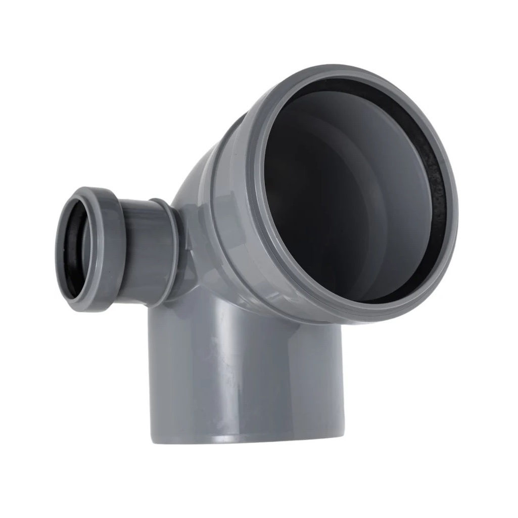 Отвод канализационный Sinikon 552003.R, 90 гр. 110 мм, с левым патрубком диаметром 50 мм, полипропилен, серый