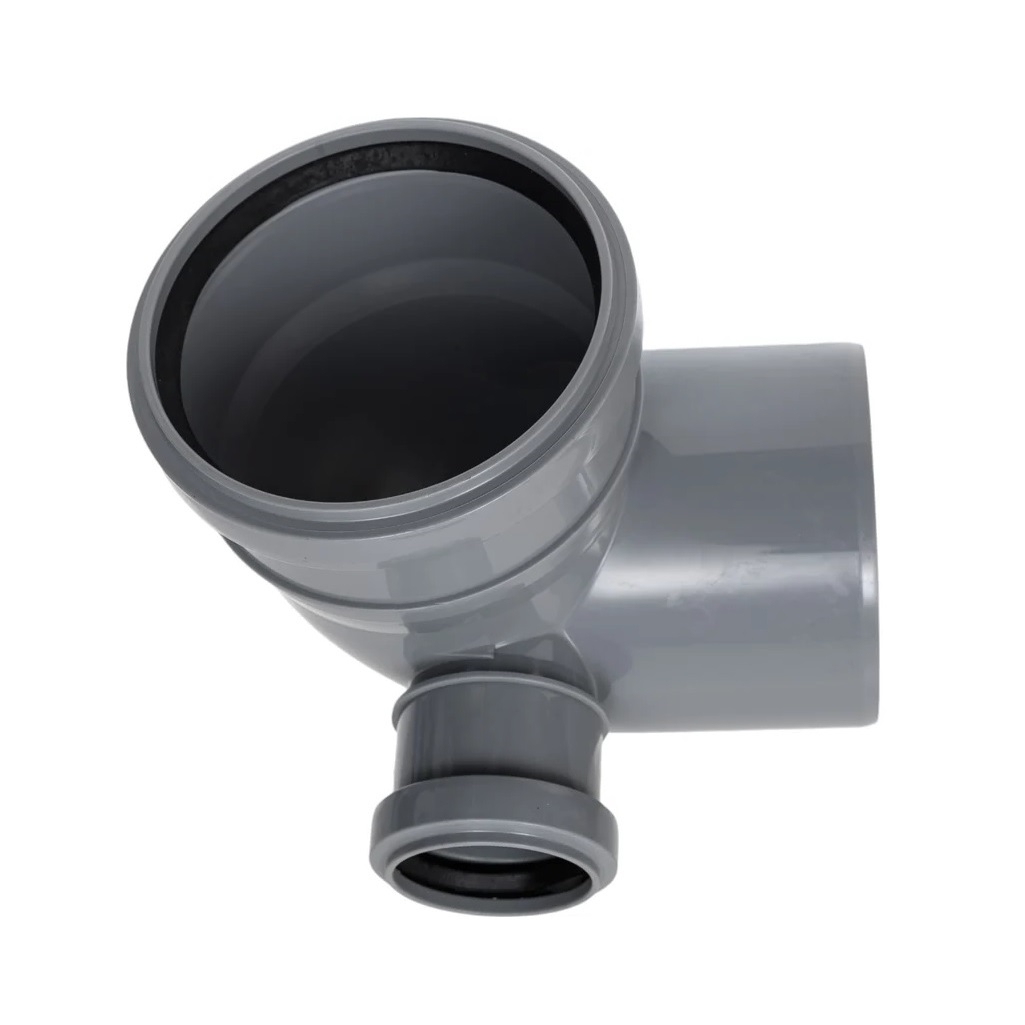 Отвод канализационный Sinikon 552003.R, 90 гр. 110 мм, с левым патрубком диаметром 50 мм, полипропилен, серый