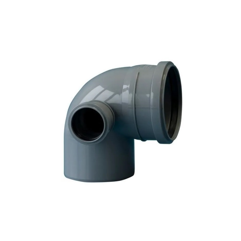 Отвод канализационный Sinikon 552003.R, 90 гр. 110 мм, с левым патрубком диаметром 50 мм, полипропилен, серый