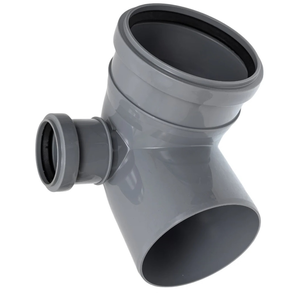 Отвод канализационный Sinikon 552003.R, 90 гр. 110 мм, с левым патрубком диаметром 50 мм, полипропилен, серый