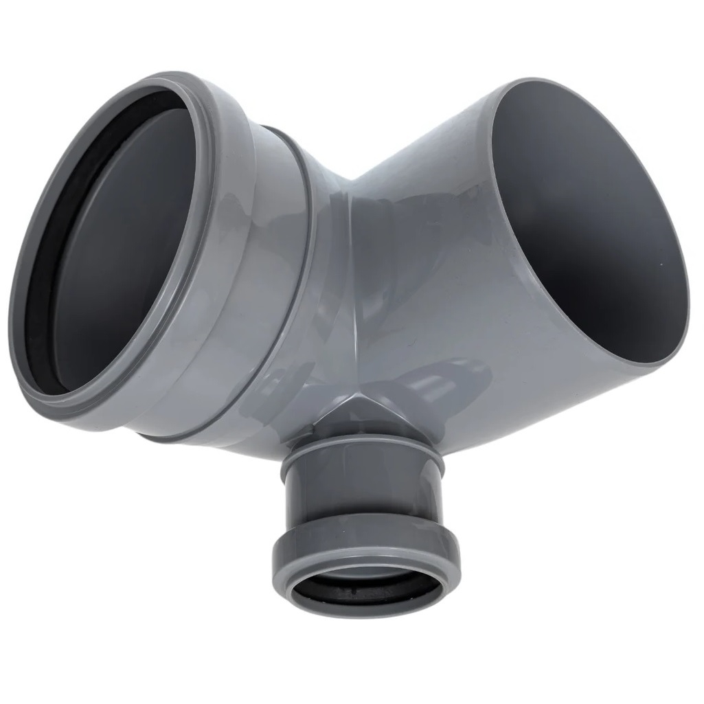 Отвод канализационный Sinikon 552003.R, 90 гр. 110 мм, с левым патрубком диаметром 50 мм, полипропилен, серый