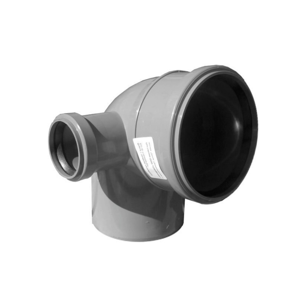 Отвод канализационный Sinikon 552003.R, 90 гр. 110 мм, с левым патрубком диаметром 50 мм, полипропилен, серый