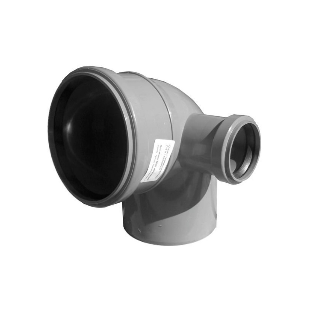 Отвод канализационный Sinikon 554003.R, 90 гр. 110 мм, с правым патрубком диаметром 50 мм, полипропилен, серый