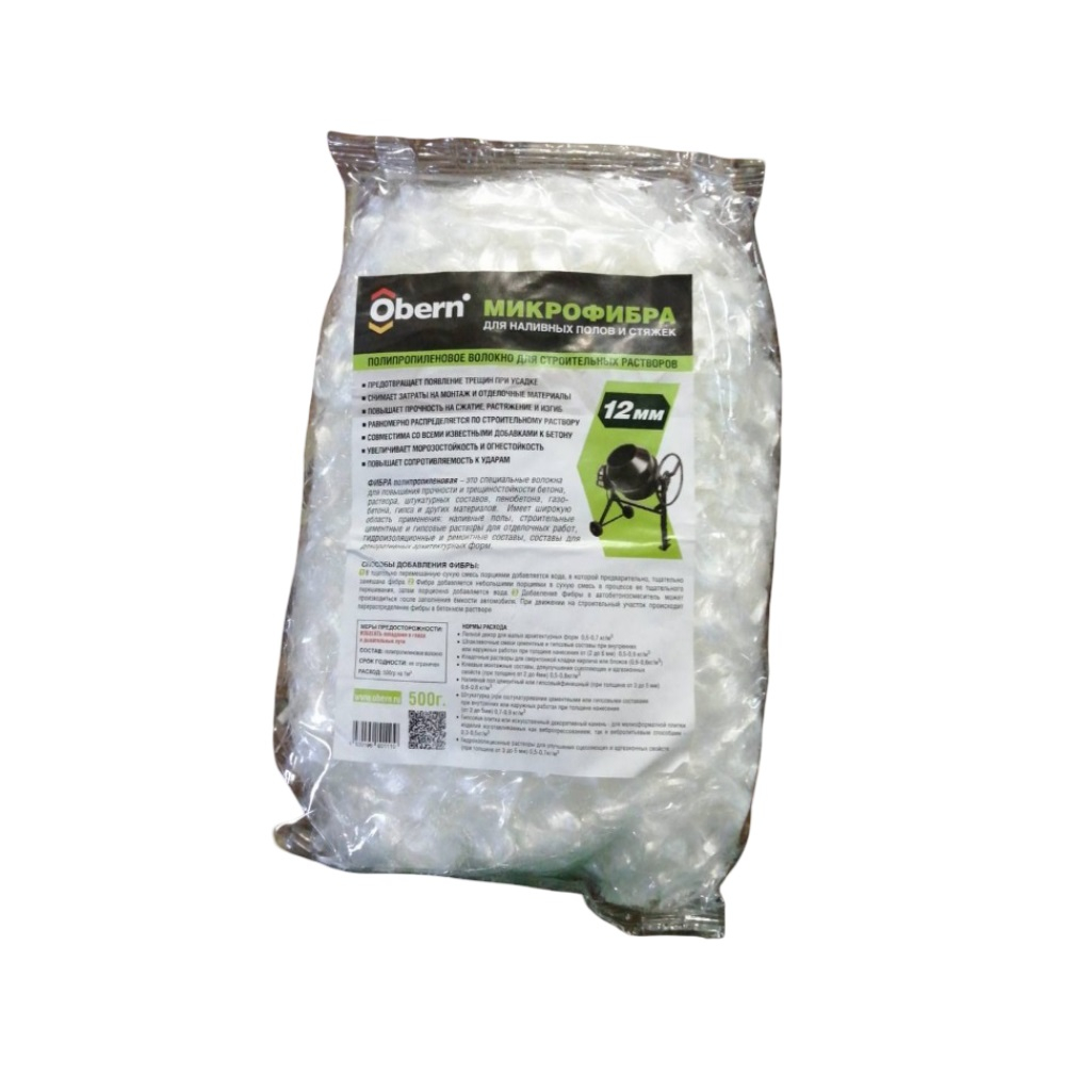 Микрофибра Obern для наливных полов и стяжек, полипропиленовое волокно для строительных растворов, 12 мм, 500 г