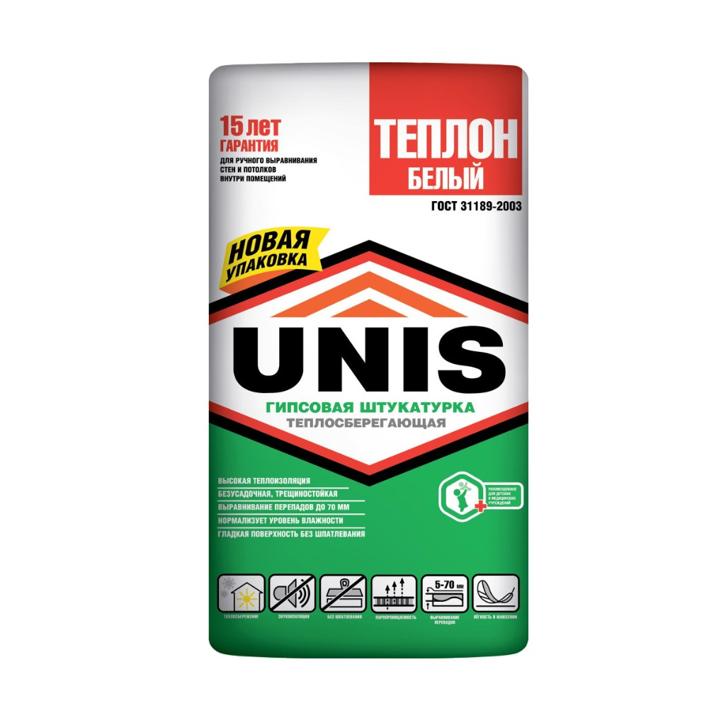 Штукатурка гипсовая Unis Теплон белая, теплосберегающая, выравнивающая, 30 кг